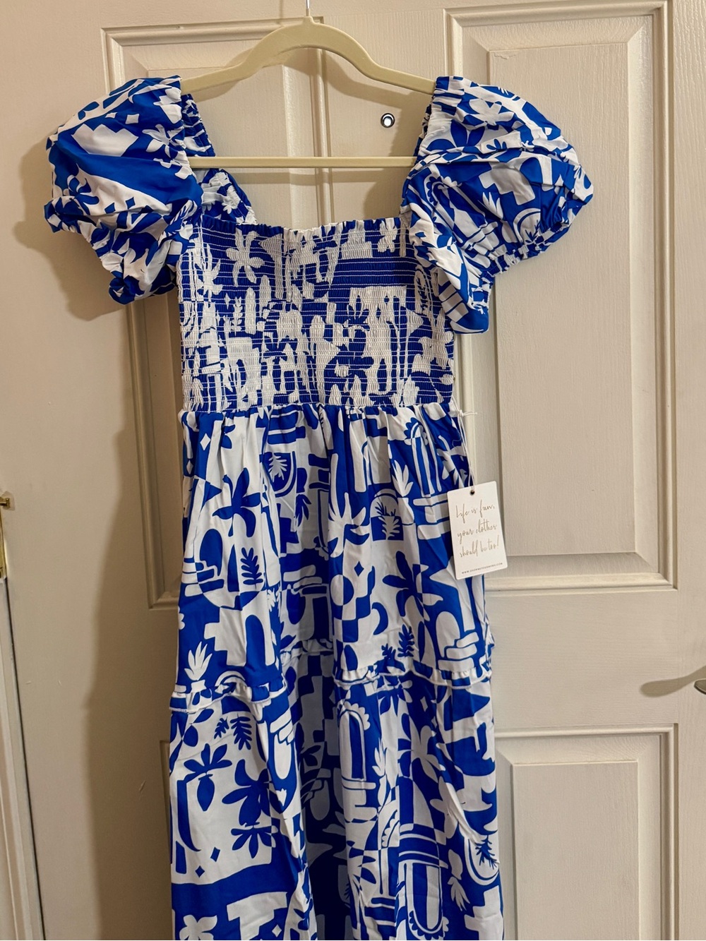 Show Me Your MuMu Blue & White Printed Smocked Midi Dress - Picture 5 of 7